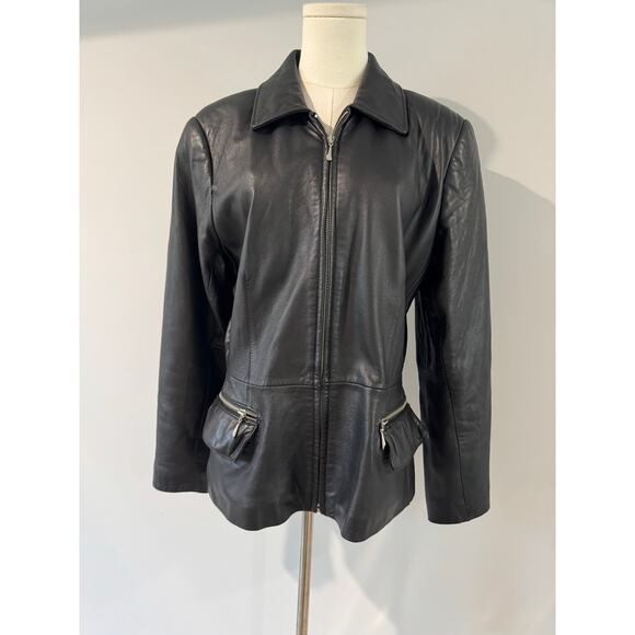 Jones New York Black Leather Collared Jacket with Zippered Pockets -Sz Medium - Picture 1 of 6